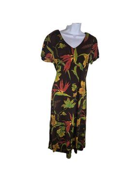 Vtg 90s K.C.  Spencer Brown Floral Tropical Long Midi Dress Grunge usa